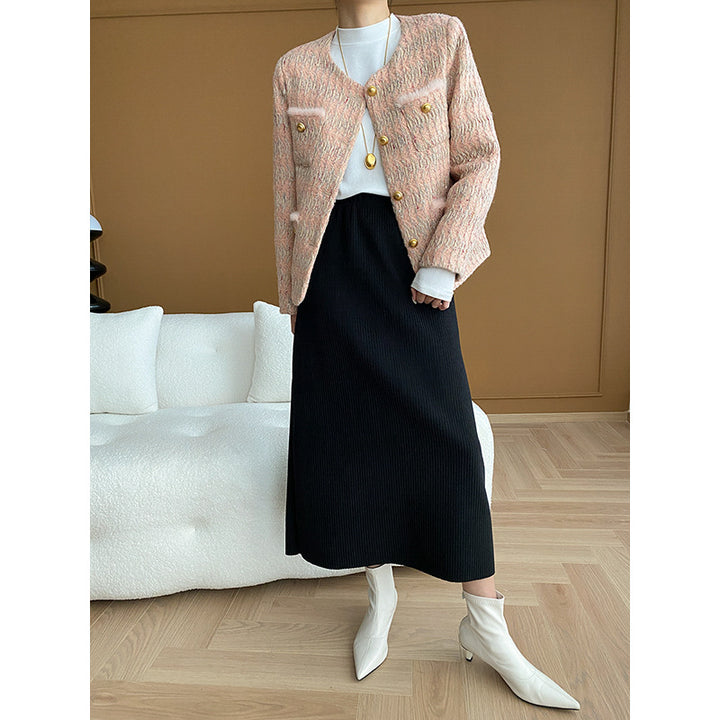 Damen Modische Bouclé-Jacke mit goldenen Knöpfen Drune