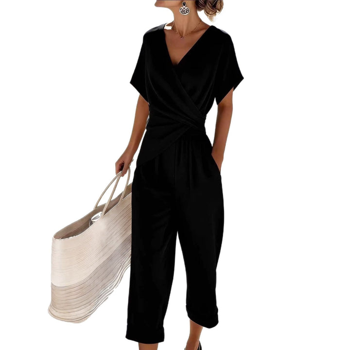 Damen Eleganter Jumpsuit mit Wickeloptik und breiten Beinen Drune