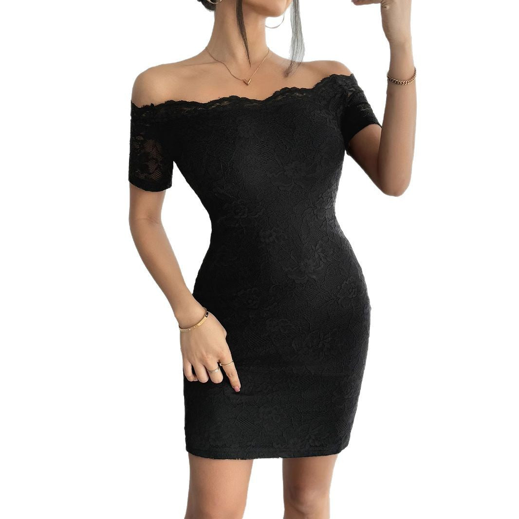 Damen nan figurbetontes schulterfreies Spitzenkleid mit Carmen-Ausschnitt und Stretch Drune