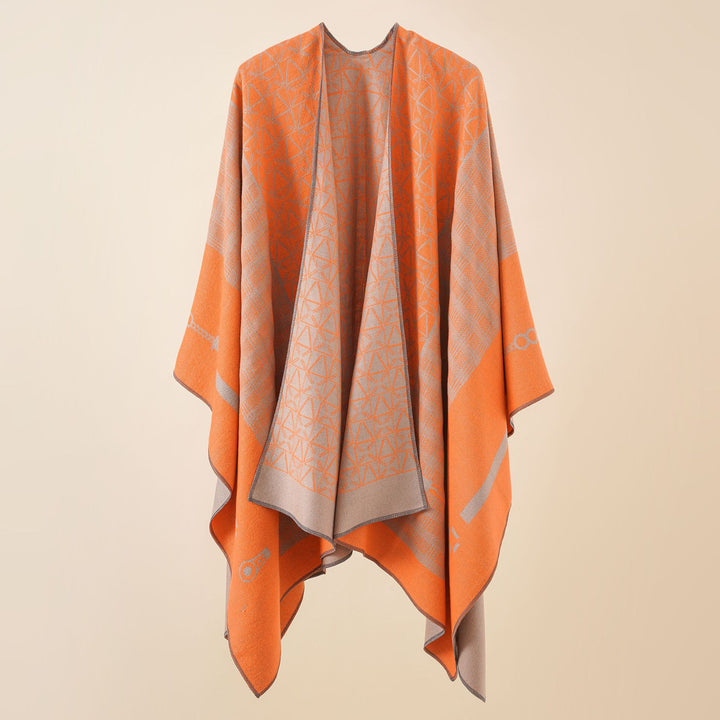 Damen Geometrisches Jacquard-Ruana-Cape aus Wollmix mit offener Kimono-Silhouette Drune