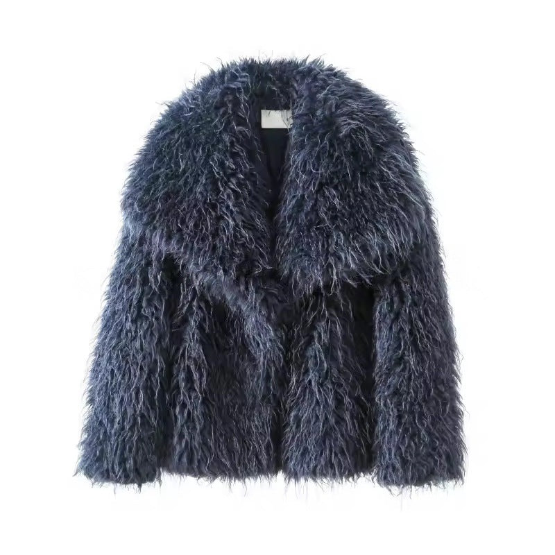 Damen Kurzjacke aus langflorigem Kunstpelz mit voluminösem Schalkragen Drune
