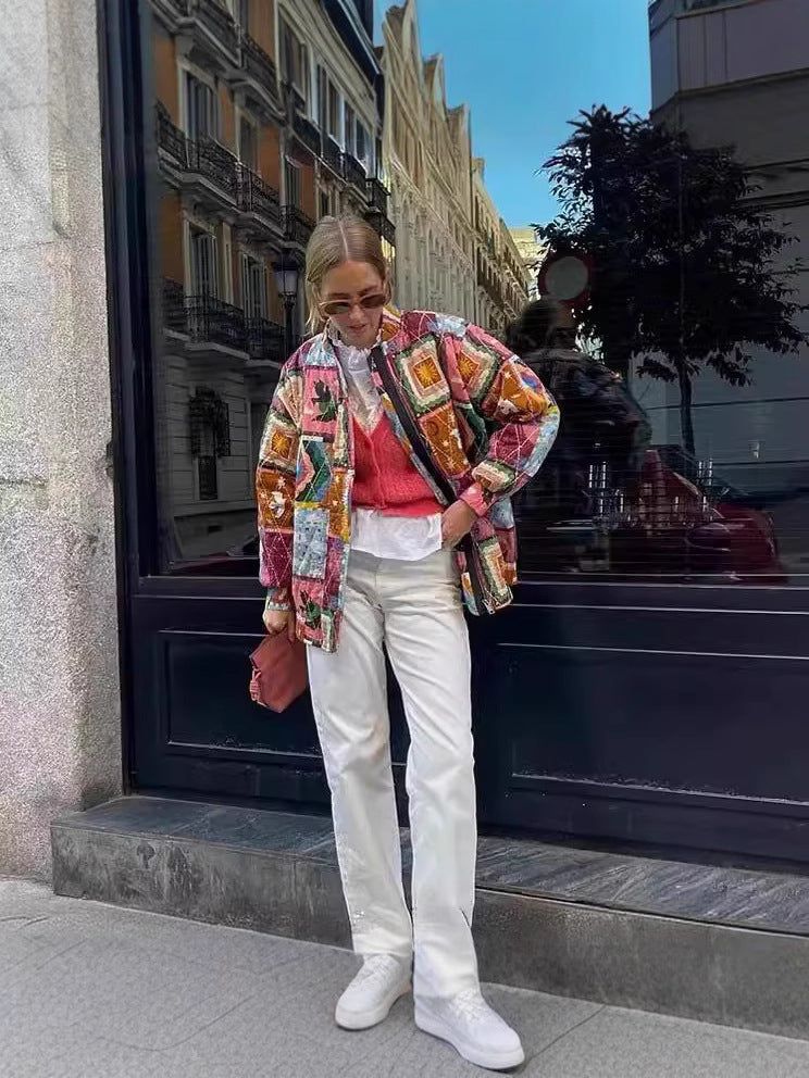 Damen gestepptes Quilt-Design Jacke mit bunten Mustern Drune