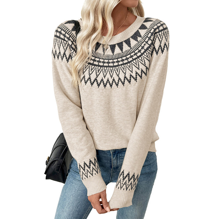 Damen Norweger-Statement Strickpullover mit Rundhalsausschnitt, Jacquard-Yoke und verlängerten Bündchen Drune
