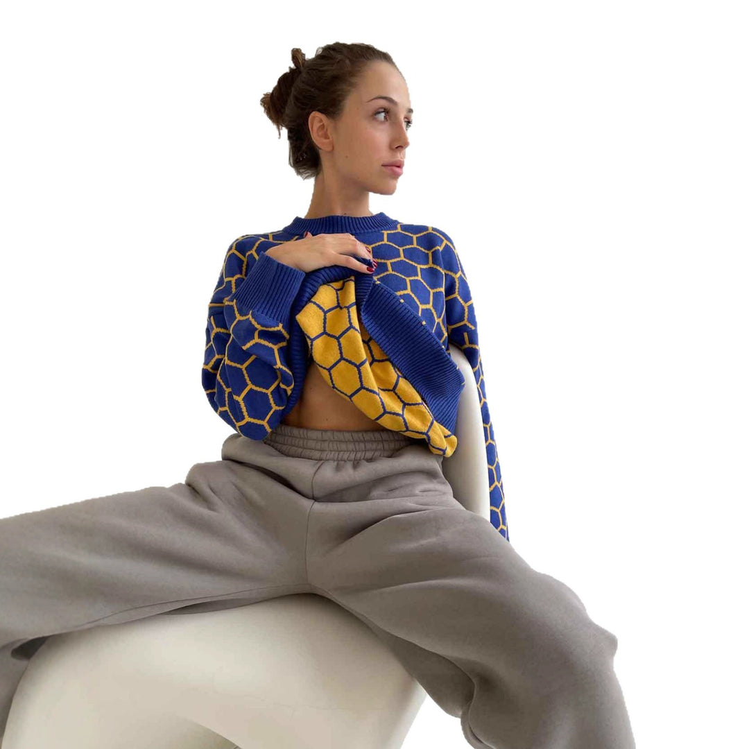 Damen Gemusterter Sweatshirt mit niedlichem Wabenmuster und lockerer Passform Drune