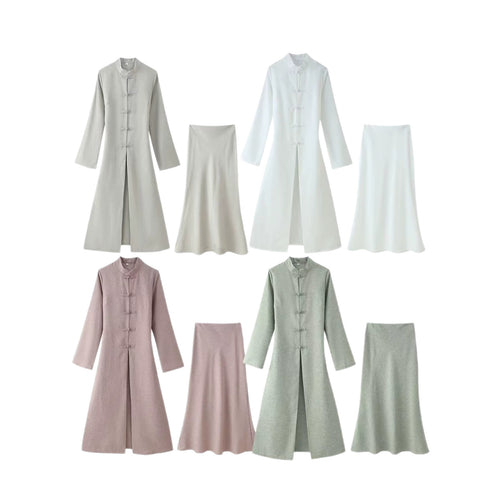 Damen Zweiteiliges Set langer Mantel mit Stehkragen und A-Linien-Maxirock Drune