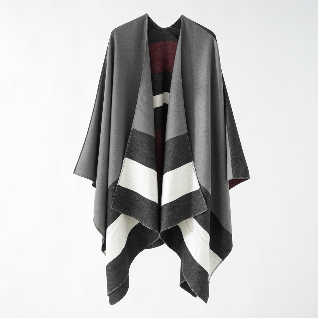 Damen Oversize-Ruana im Cape‑Stil aus Wolloptik mit geometrischen Blockstreifen Drune