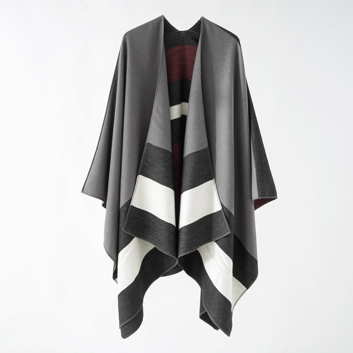 Damen Oversize-Ruana im Cape‑Stil aus Wolloptik mit geometrischen Blockstreifen Drune