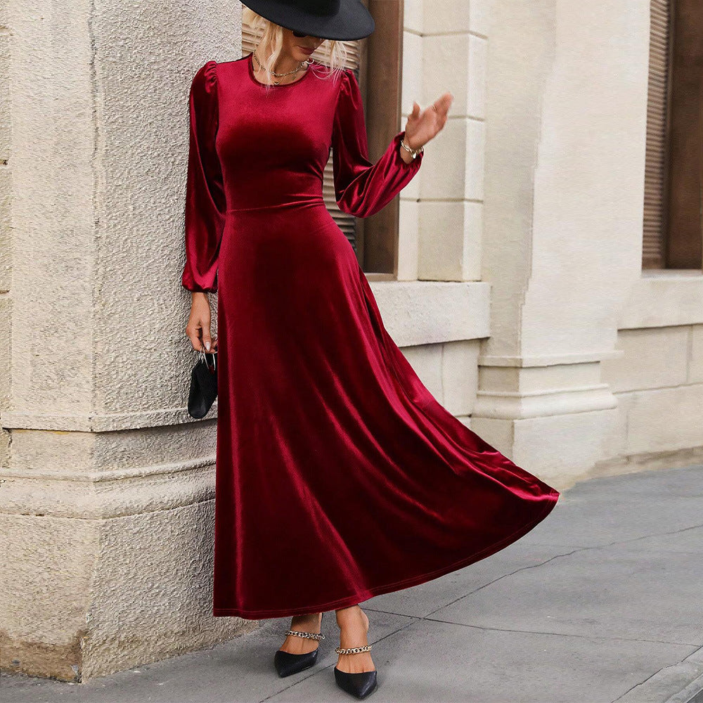 Damen elegantes Samt-Maxikleid mit taillierter Corsage, langen Ballonärmeln und fließender A-Linien-Rock Drune