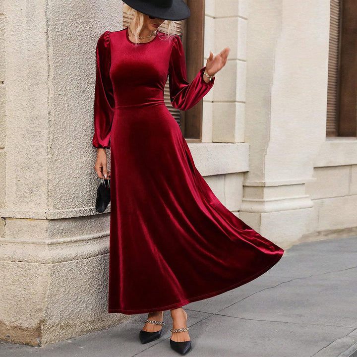 Damen elegantes Samt-Maxikleid mit taillierter Corsage, langen Ballonärmeln und fließender A-Linien-Rock Drune