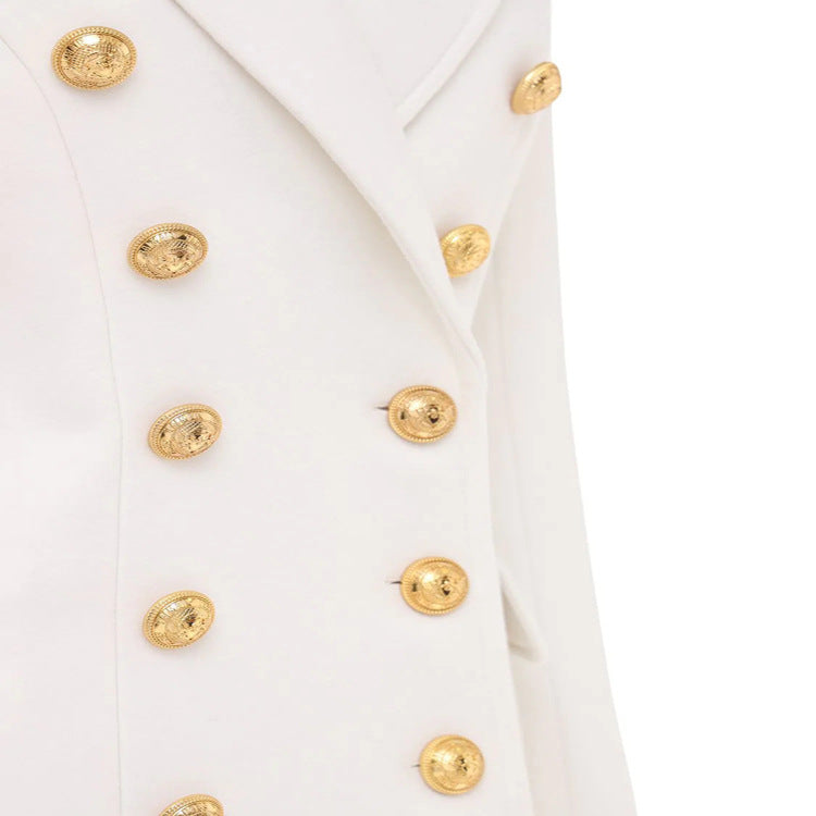 Damen Schmalgeschnittener Zweireihiger Wollmix-Longcoat mit markanter Schulter und goldenen Zierrundknöpfen Drune
