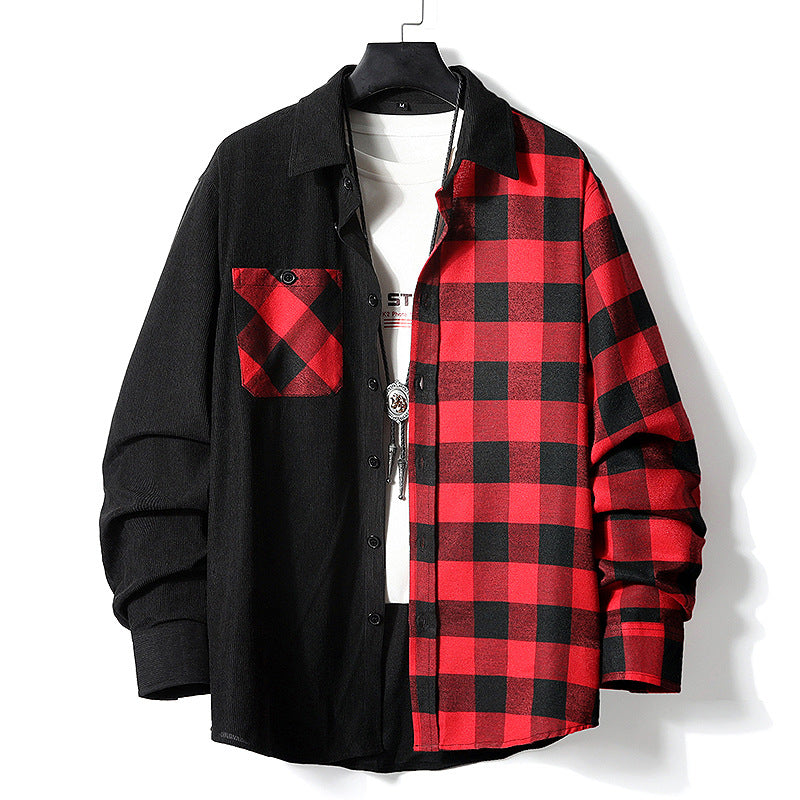 Herren Halbgespaltenes Overshirt im Lumberjack-Karo mit kontrastierender Uni‑Seite, Brusttasche und durchgehender Knopfleiste Drune