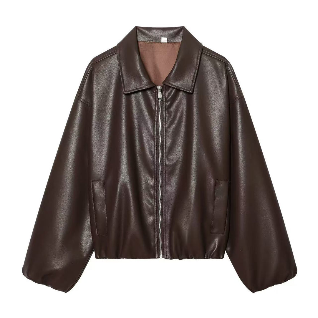 Damen Cropped Oversized Kunstleder-Bomberjacke mit Reißverschluss und elastischem Saum Drune