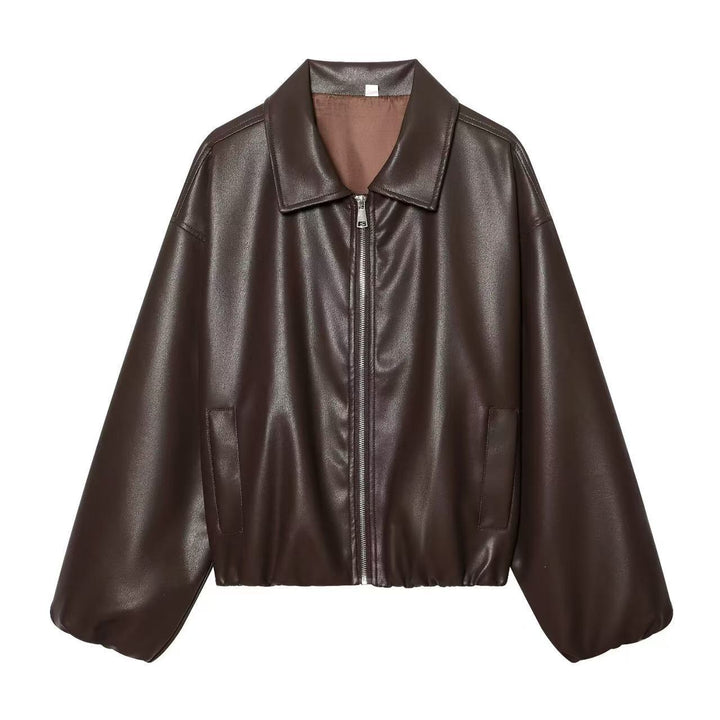 Damen Cropped Oversized Kunstleder-Bomberjacke mit Reißverschluss und elastischem Saum Drune
