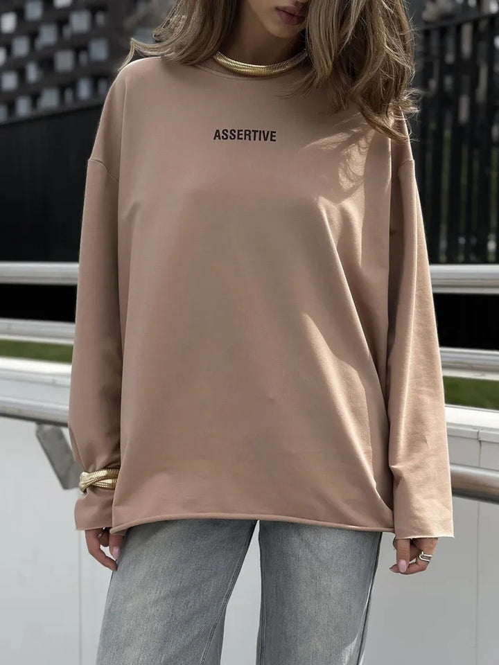Damen Oversized Longsleeve-Sweatshirt mit Statement-Print und Rundhalsausschnitt Drune