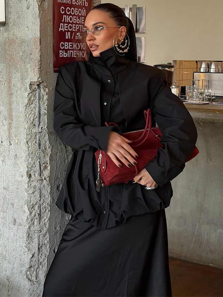 Damen Sculpturaler Boxy-Blouson mit hohem Stehkragen und gerafftem Volumenbund Drune