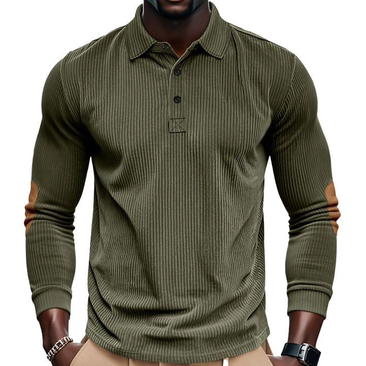 Herren nan geripptes Langarm-Poloshirt mit Henley-Knopfleiste und veloursähnlichen Ellbogenpatches Drune