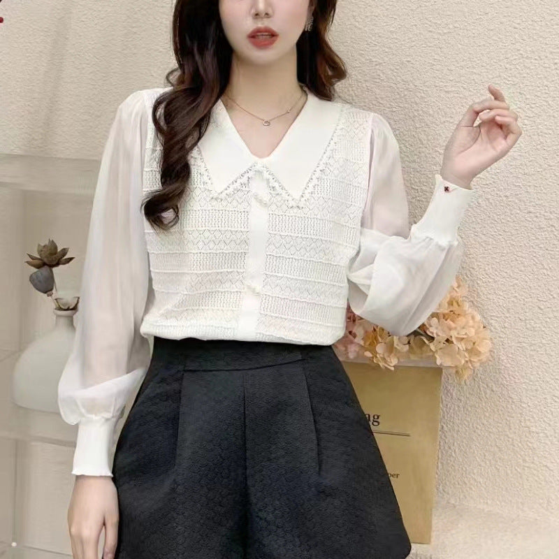 Damen Bluse mit Spitzenkragen und dekorativen Knöpfen