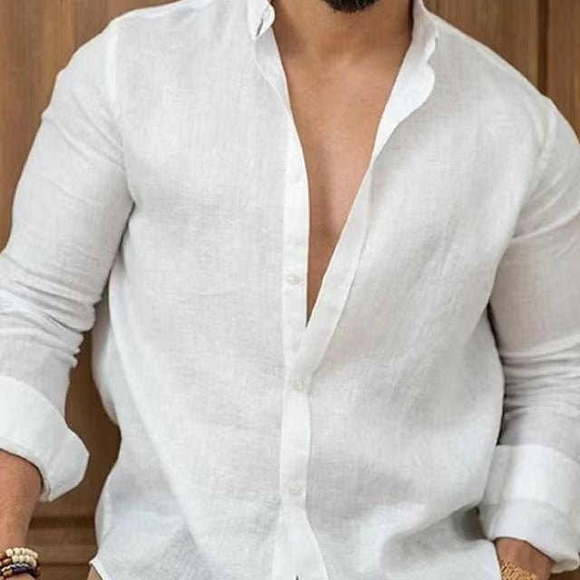 Herren elegantes Leinenhemd mit moderner Knopfleiste Drune