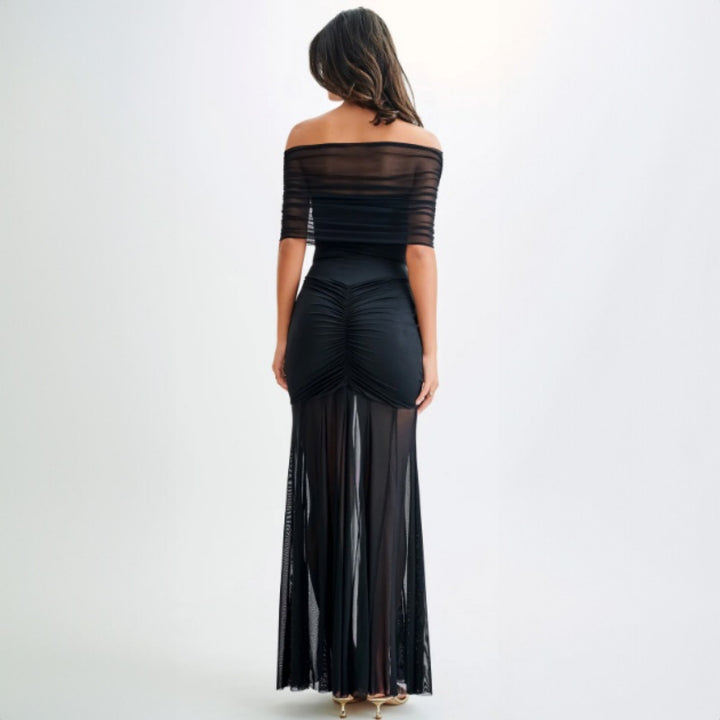 Damen Elegantes Maxi-Kleid mit schulterfreiem Design und Raffungen Drune