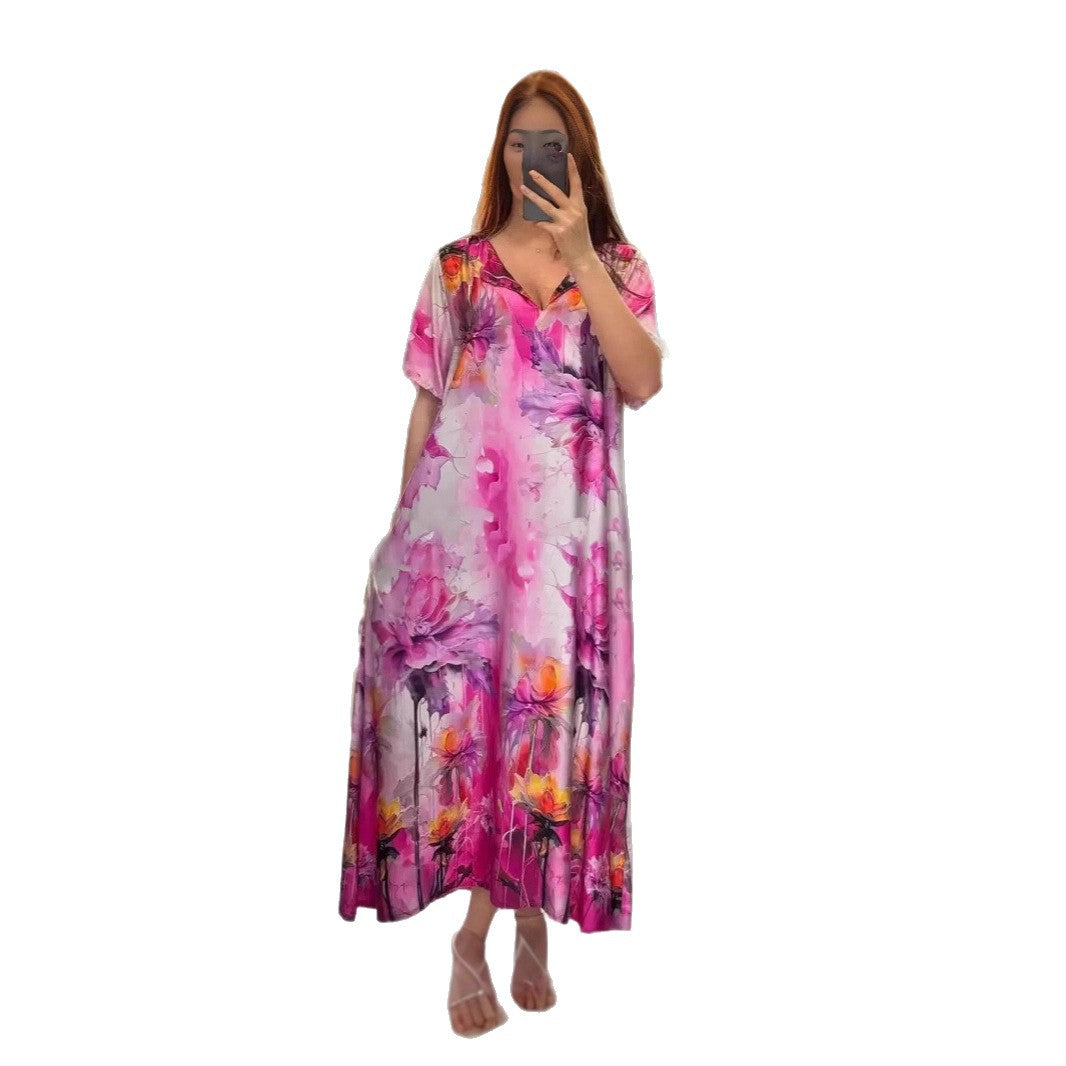 Damen nan fließendes Maxi-Kaftankleid mit V-Ausschnitt und großflächigem Aquarell-Blumenprint Drune
