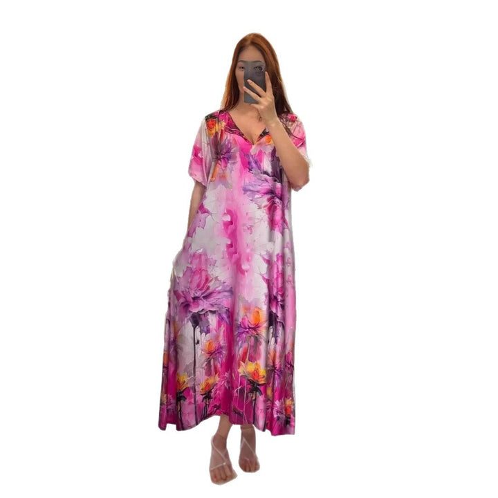 Damen nan fließendes Maxi-Kaftankleid mit V-Ausschnitt und großflächigem Aquarell-Blumenprint Drune