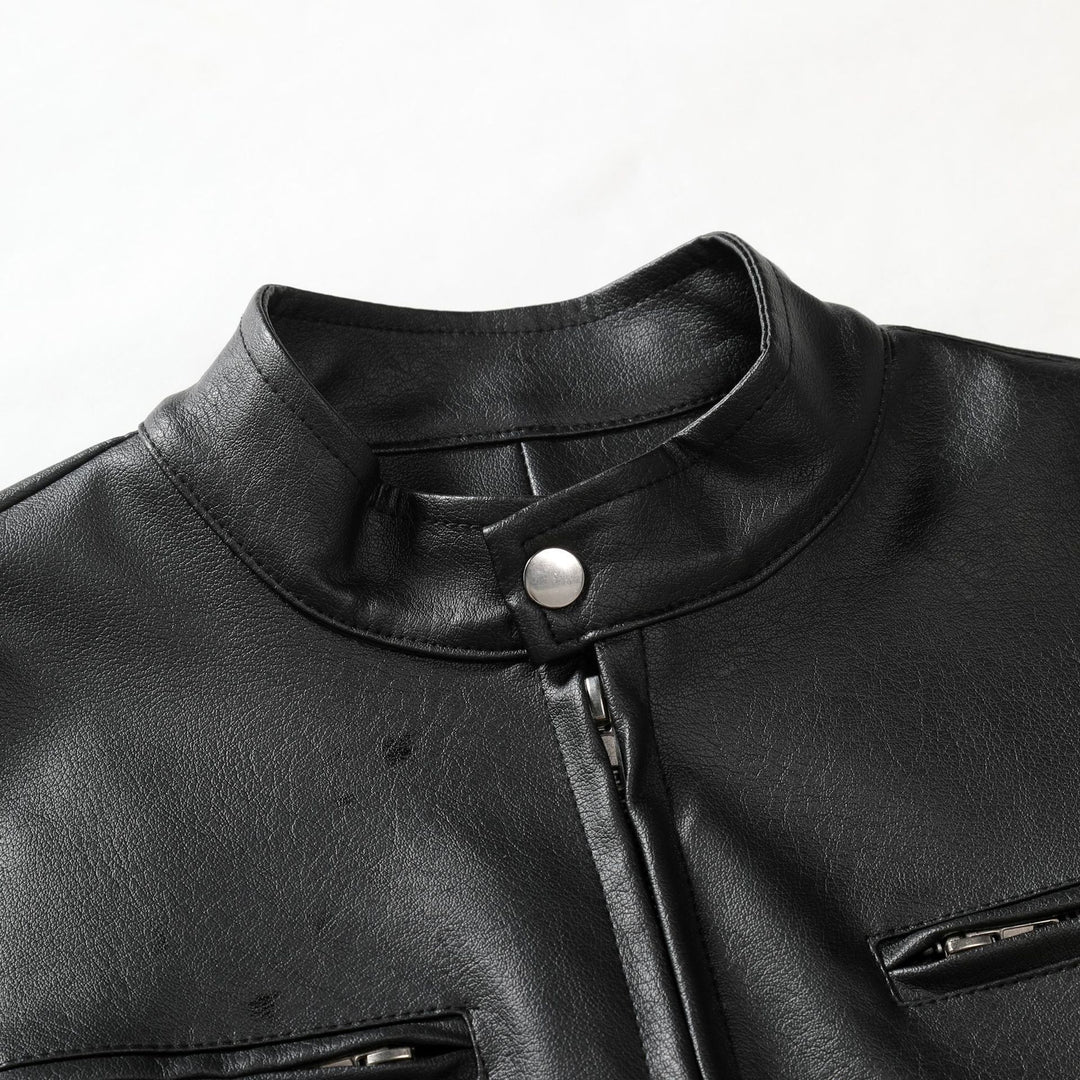 Herren Schmale Lederjacke im Urban-Bikerstil mit Stehkragen und Brust-Reißverschlusstaschen Drune