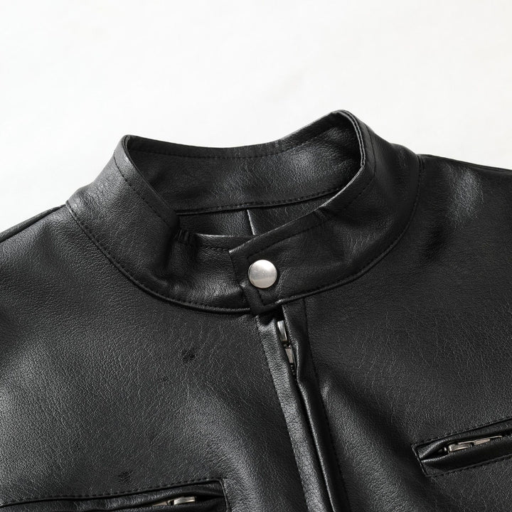 Herren Schmale Lederjacke im Urban-Bikerstil mit Stehkragen und Brust-Reißverschlusstaschen Drune