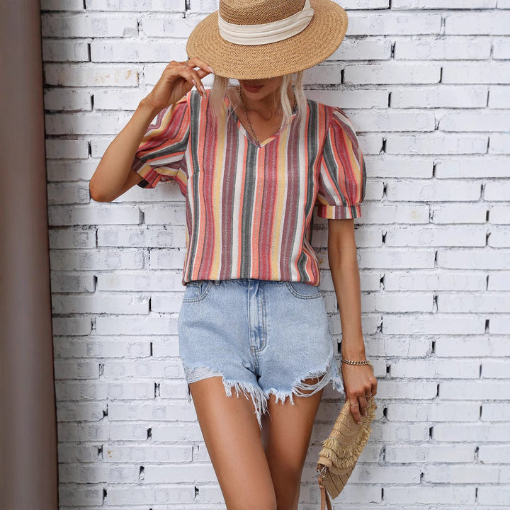 Damen lässiges Kurzarm-Blusenshirt mit Streifenmuster Drune