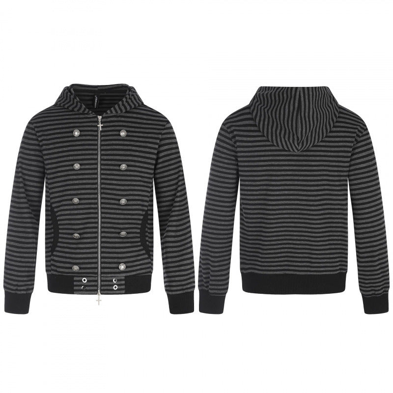 Unisex Gestreifte Kapuzen‑Zipjacke im doppelreihigen Look mit Metallknöpfen Drune