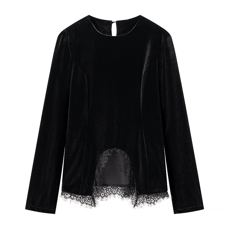 Damen Samtshirt mit asymmetrischem Spitzen-Saum und Schlitzdetail Drune