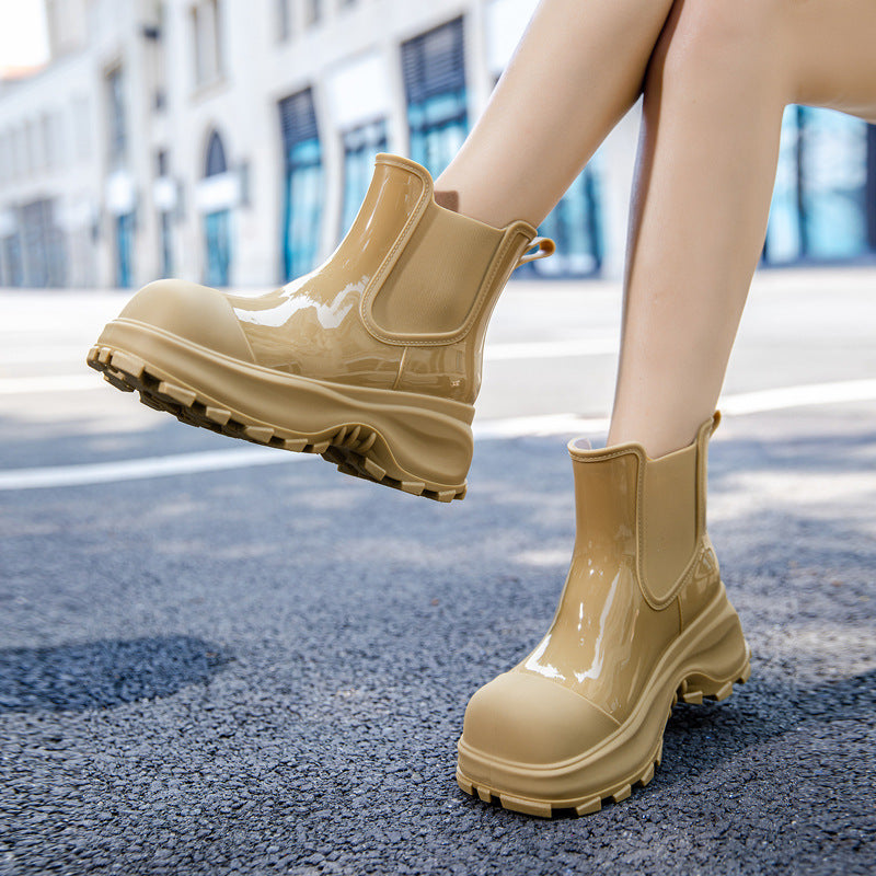 Damen Plateau-Gummistiefelette im Chelsea-Stil mit robuster Lug-Sohle Drune