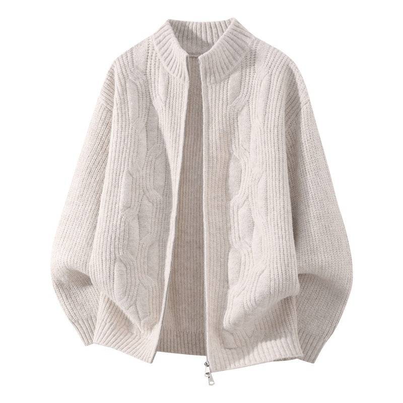 Damen Weicher Oversize‑Zopfmuster‑Cardigan mit Stehkragen & Zwei‑Wege‑Reißverschluss Drune