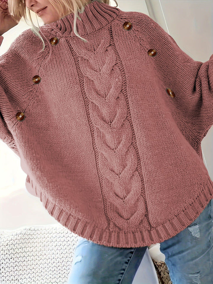 Damen Grober Strickpullover mit hoher Kragenpartie und Knopfdetails Drune