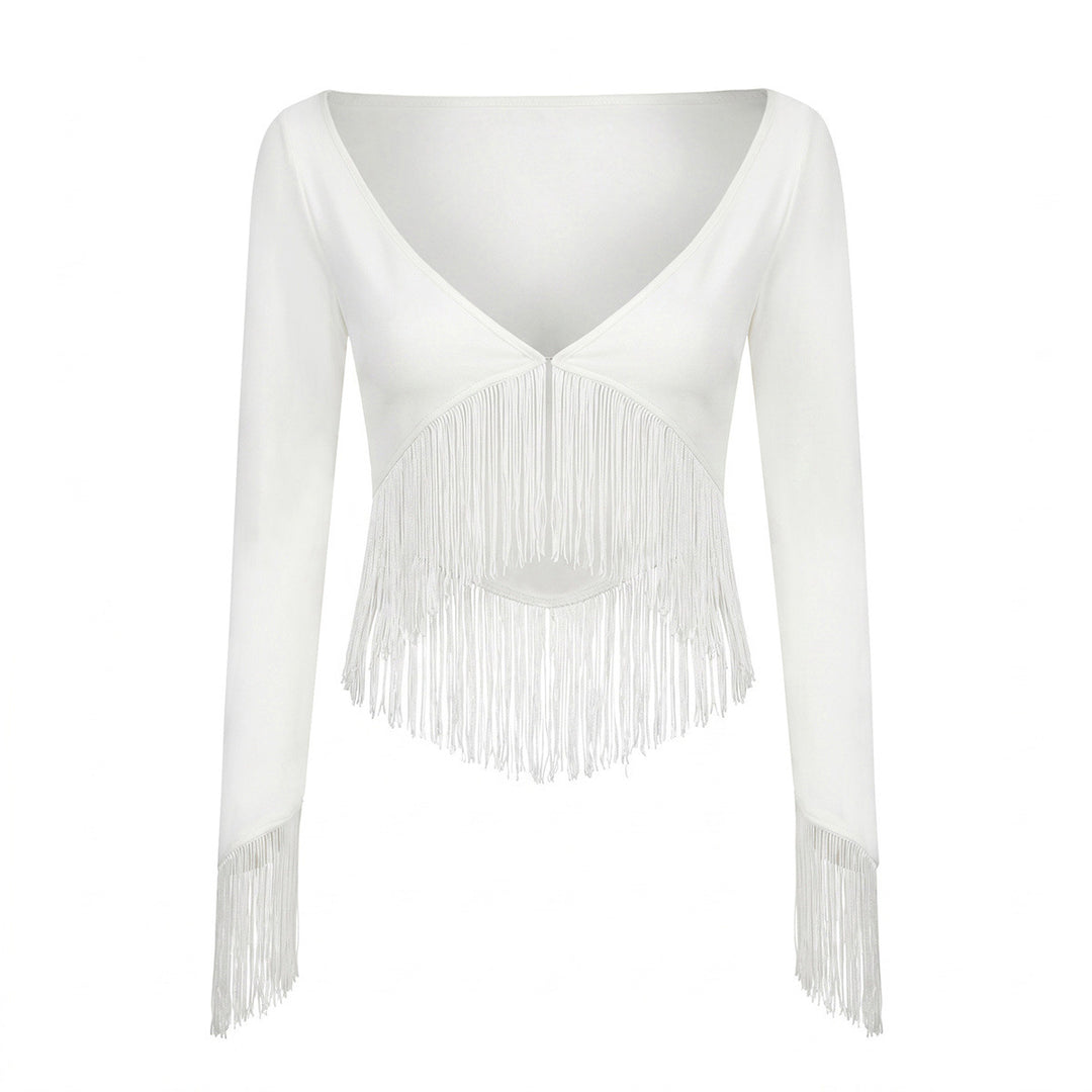 Damen Cropped V‑Neck Oberteil mit langen Ärmeln und dekorativem Fransenbesatz Drune