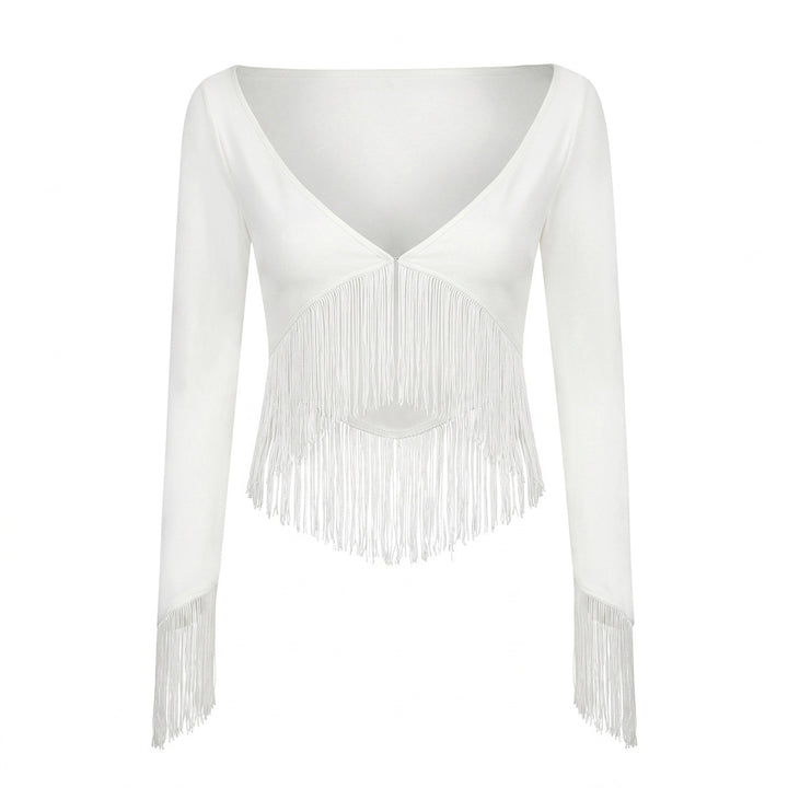 Damen Cropped V‑Neck Oberteil mit langen Ärmeln und dekorativem Fransenbesatz Drune