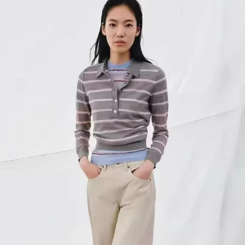 Damen Feinstrick-Polopullover mit Knopfleiste und feinen Querstreifen Drune