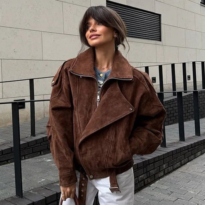 Damen Modische Kunstlederjacke mit breitem Kragen und Taillengürtel Drune
