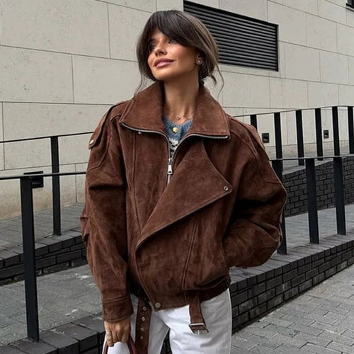 Damen Modische Kunstlederjacke mit breitem Kragen und Taillengürtel Drune