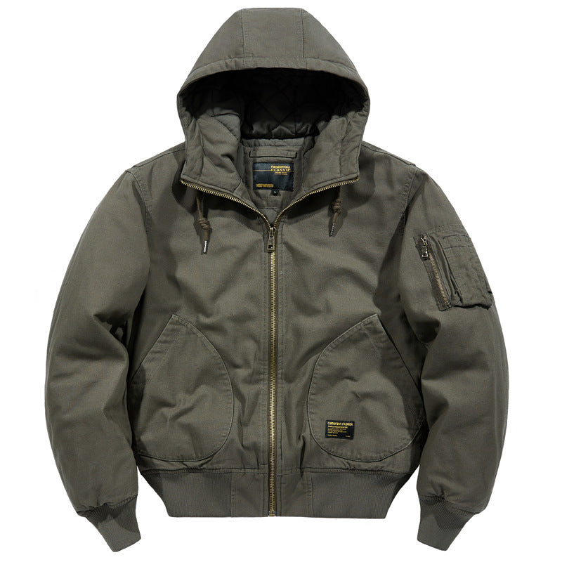 Herren  isolierte Kapuzen-Canvas-Arbeitsjacke Bomber mit geschwungenen Handtaschen und verstärktem Ärmel-Reißverschlussfach Drune