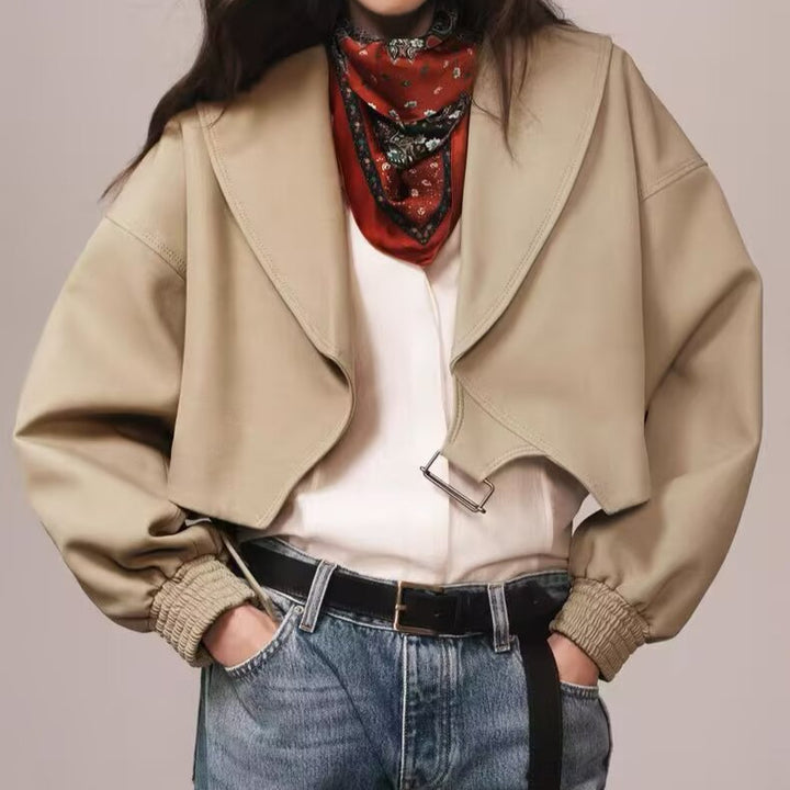 Damen Kurze Oversized Jacke mit breitem Schalkragen, Ballonärmeln und Taillenriegel Drune