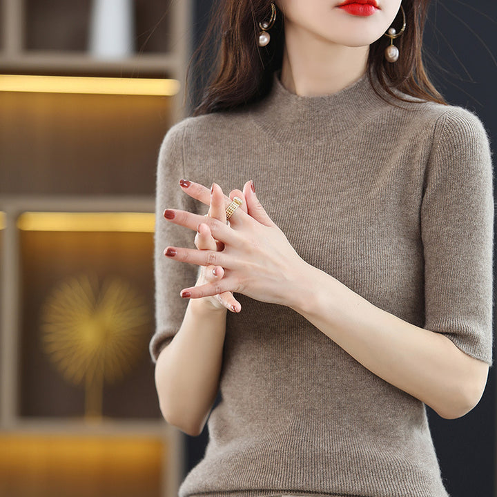 Damen Kurzarm-Feinstrickpullover mit Stehkragen und taillierter Passform Drune