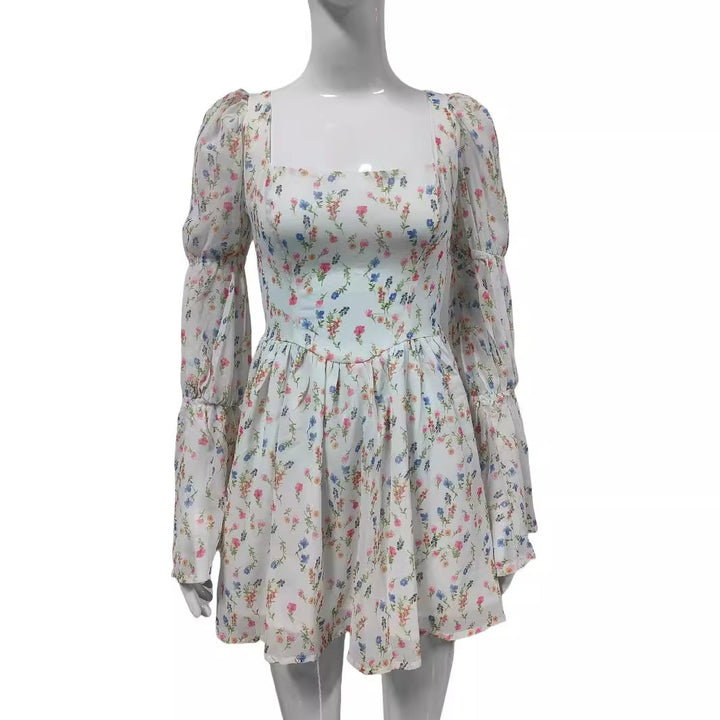 Damen Sommerliches Chiffon-Minikleid mit quadratischem Ausschnitt, Puffärmeln und taillierter Empire-Linie Drune