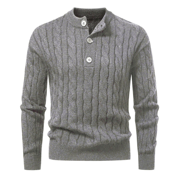 Herren Zopfmuster-Pullover mit kurzer Knopfleiste und Stehkragen Drune