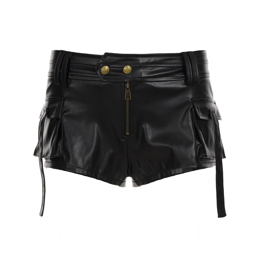 Damen Kunstleder-Shorts mit dekorativen Knopfdetails Drune