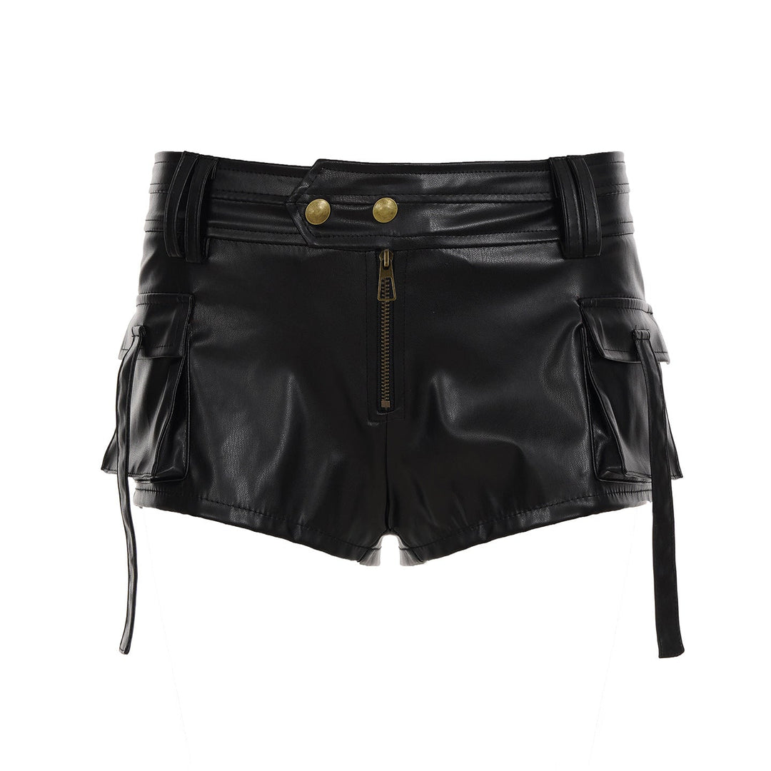 Damen Kunstleder-Shorts mit dekorativen Knopfdetails Drune