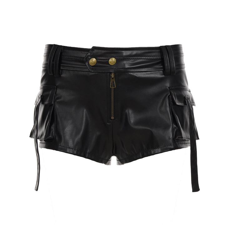 Damen Kunstleder-Shorts mit dekorativen Knopfdetails Drune