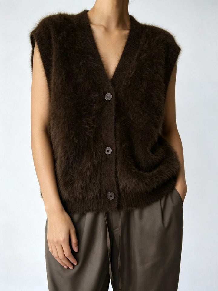 Damen Flauschige ärmellose Knopf‑Weste aus Mohairmix mit tiefem V-Ausschnitt Drune