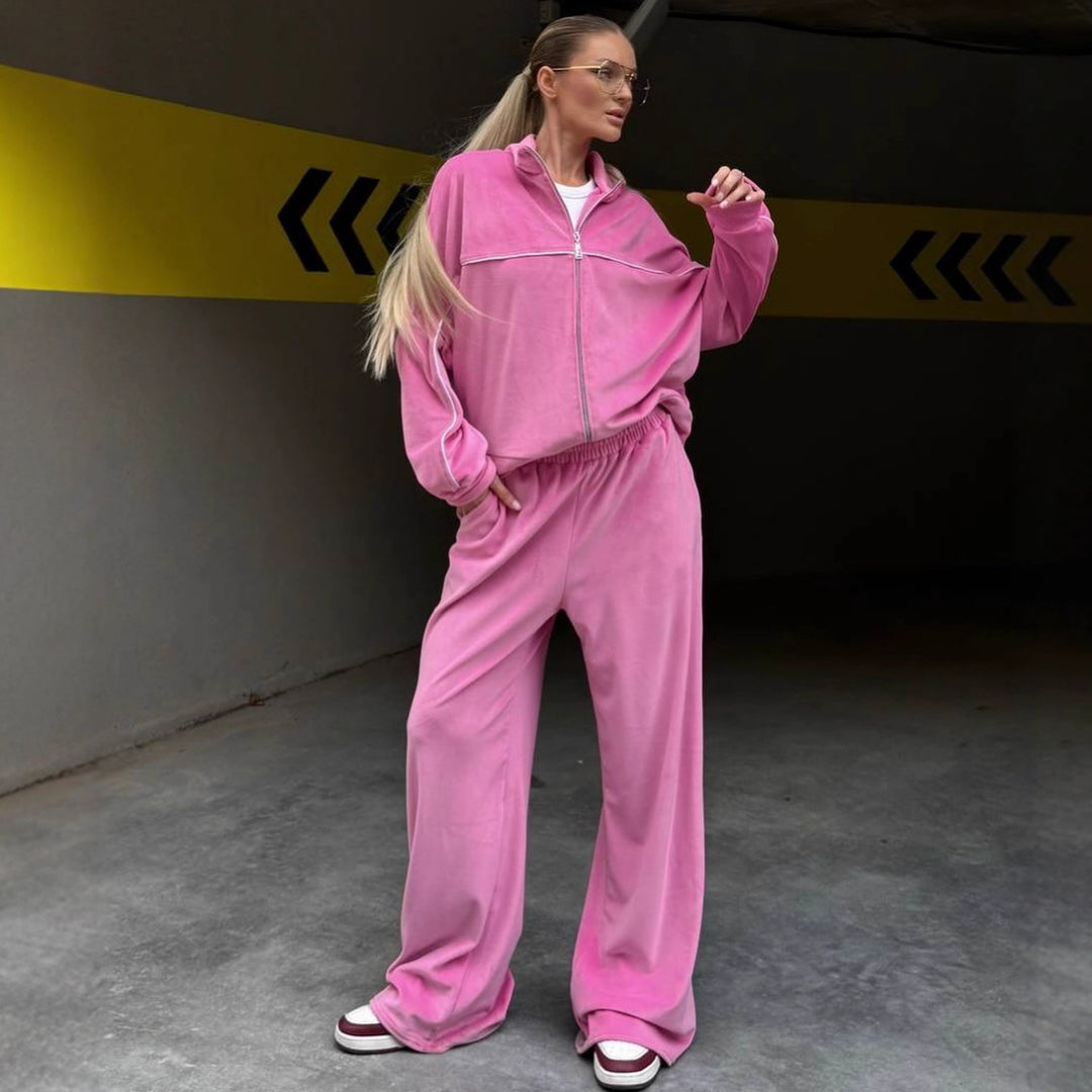 Damen Relaxed-Fleece-Set mit halblanger Zipjacke und extraweiter High-Waist Jogginghose Drune
