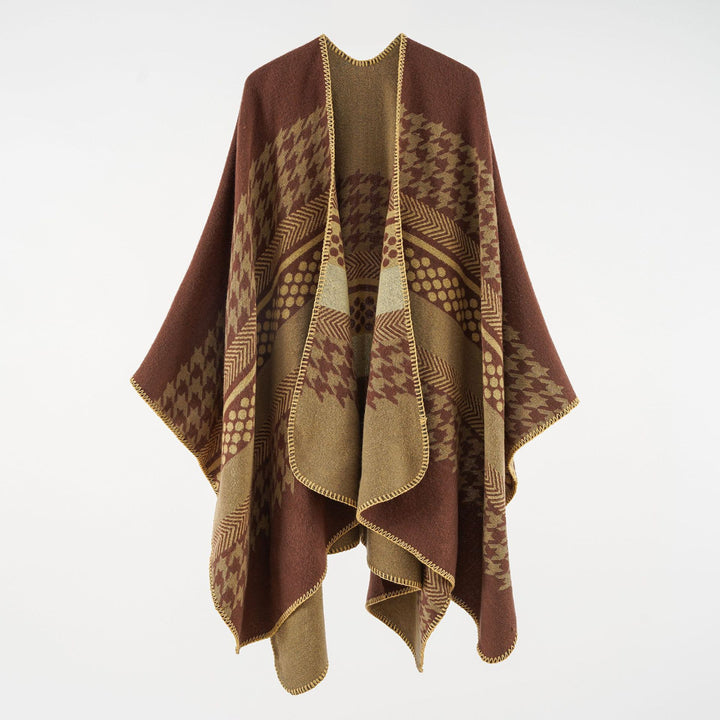 Damen Wohliger Oversize-Umhangponcho aus Wollmix mit Hahnentritt- und Grafikjacquard Drune