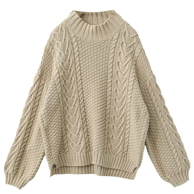 Damen Grobstrickpullover mit hohem Kragen und Zopfmuster Drune